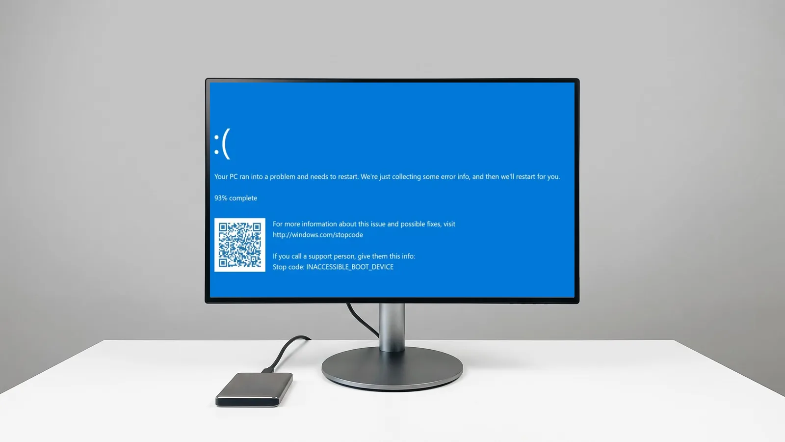 Monitor de escritorio con la pantalla azul INACCESSIBLE_BOOT_DEVICE de Windows y un disco externo conectado