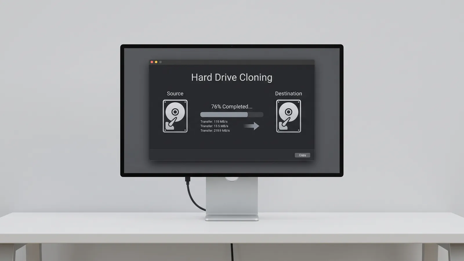 Monitor showing hard drive cloning software copying a source drive to a destination drive