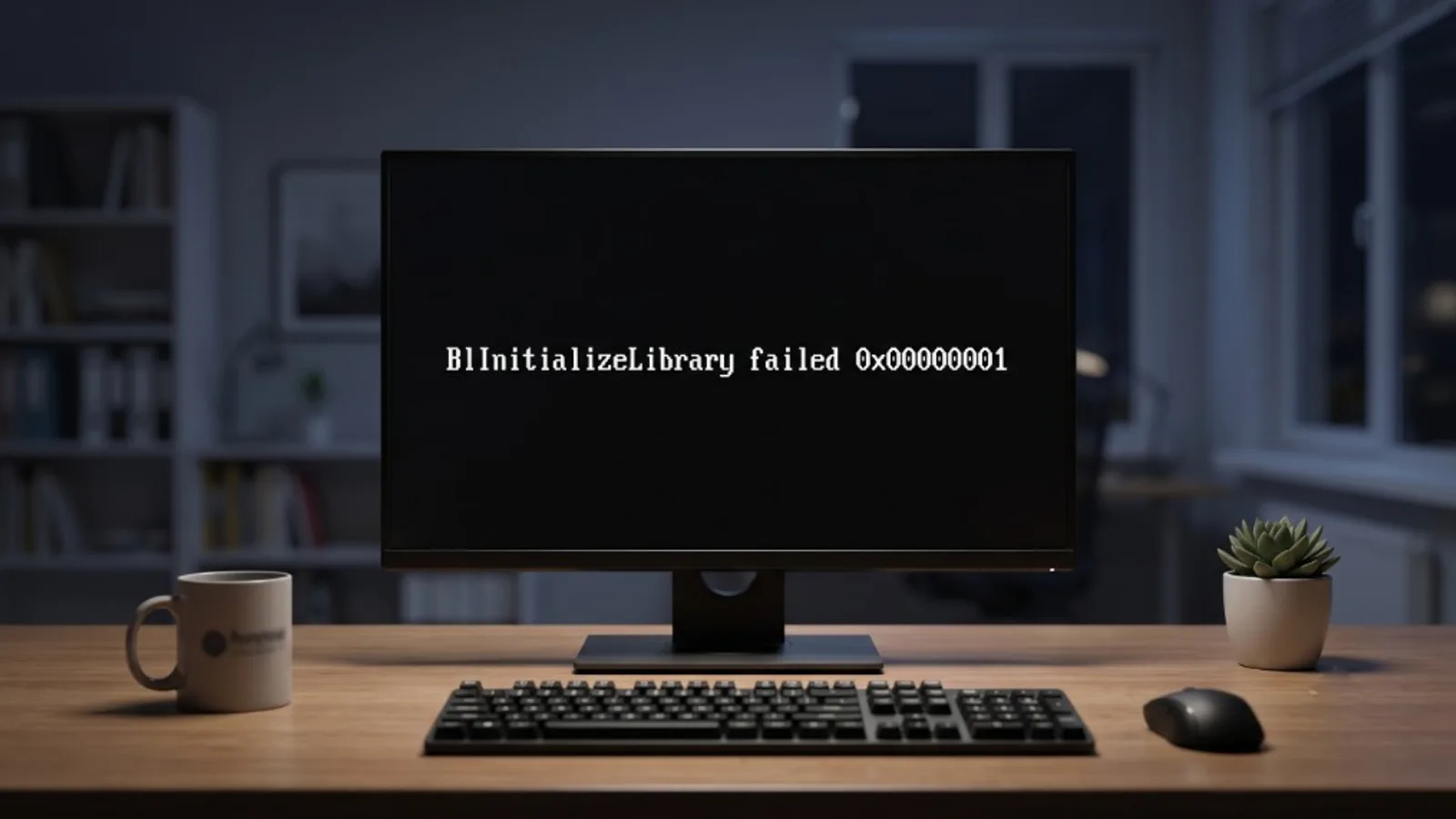 Monitor de escritorio mostrando BlInitializeLibrary failed 0x00000001 en pantalla negra