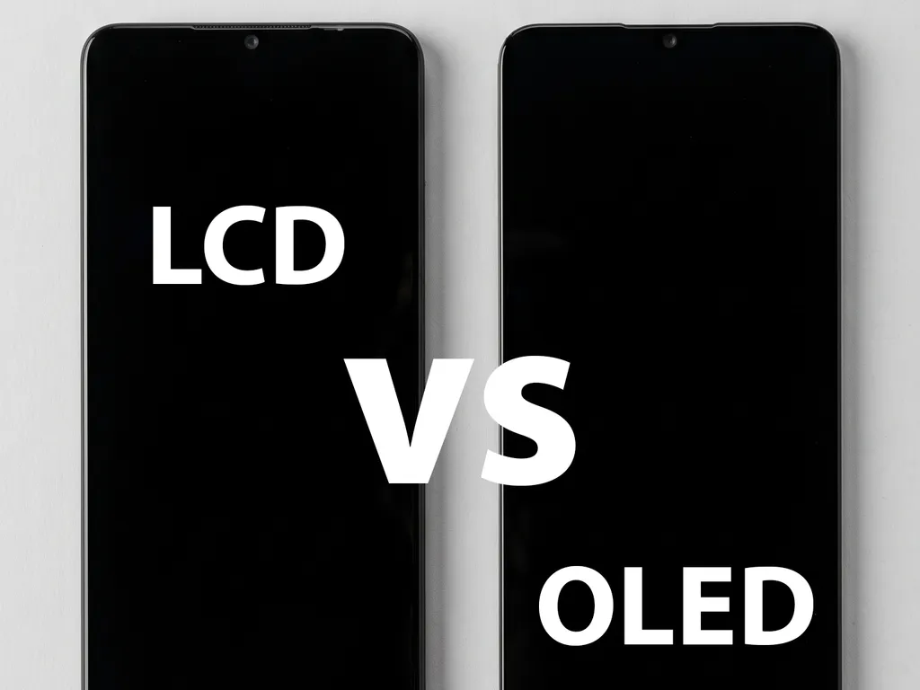 Dos pantallas de reemplazo de teléfono lado a lado con las etiquetas LCD y OLED
