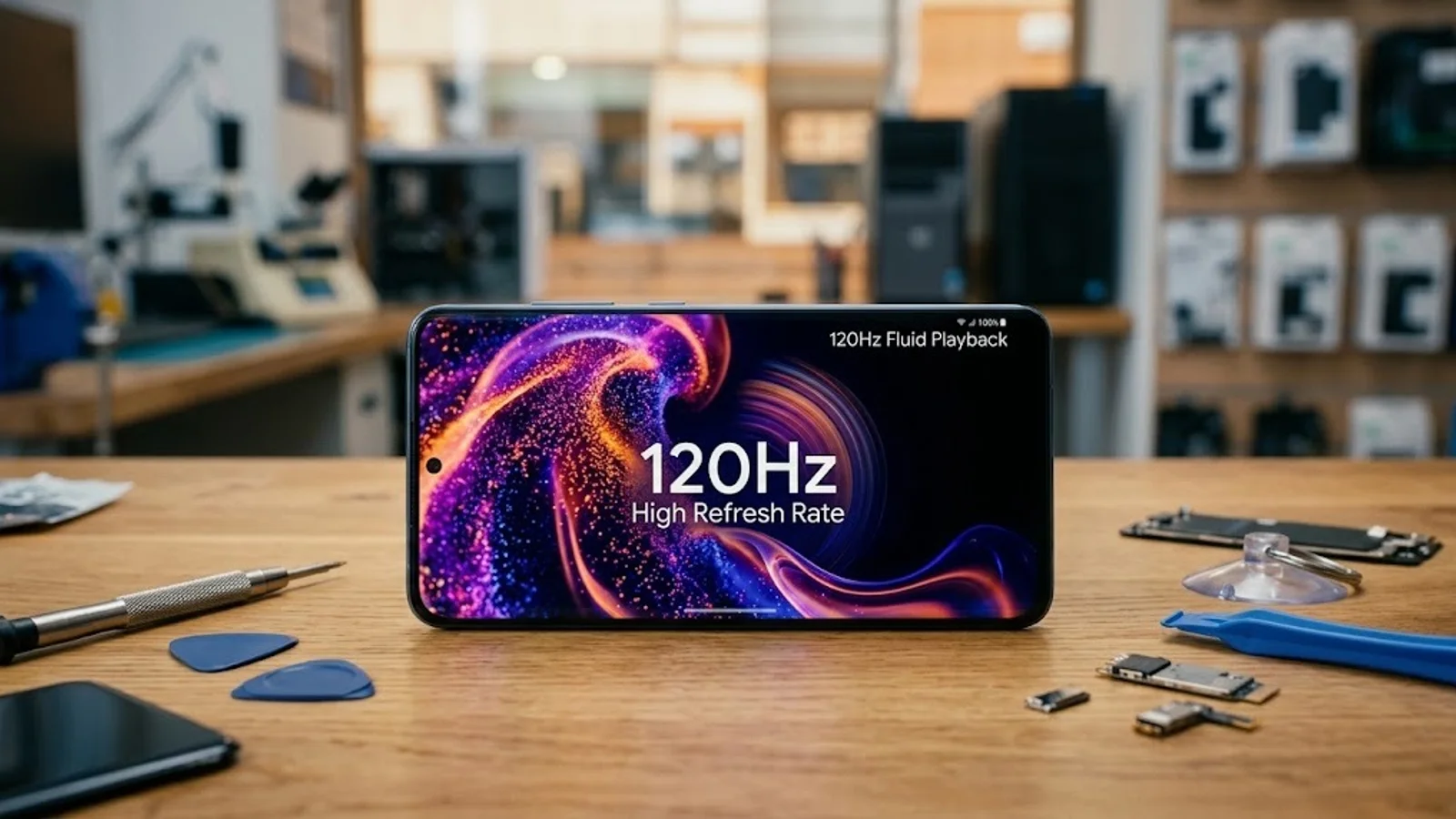 Smartphone on a repair bench showing a 120Hz high refresh rate screen next to repair tools