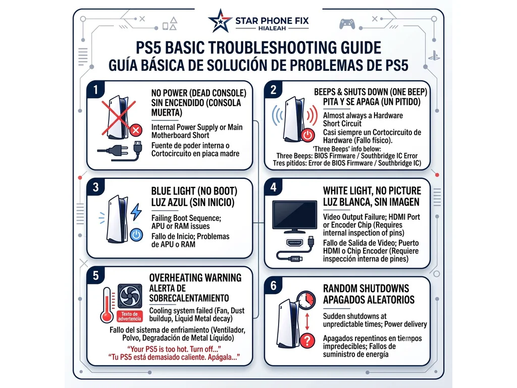 Infografía bilingüe de diagnóstico básico de PS5 con seis síntomas comunes de consola