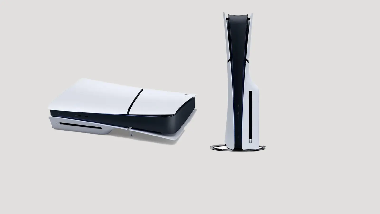 PlayStation 5 console shown lying horizontally and standing vertically side by side