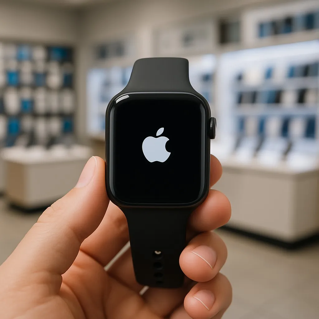 Hand holding a black Apple Watch displaying the Apple logo during screen repair